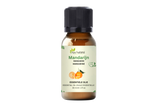 Mandarijn olie 30 ml van Aza Natural, flesje van bruin glas met zwarte dop en een etiket met twee mandarijnen
