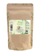 Zak natriumbicarbonaat poeder van Aza Natural, 100 gram, kraftzak met etiket met een schaaltje wit poeder
