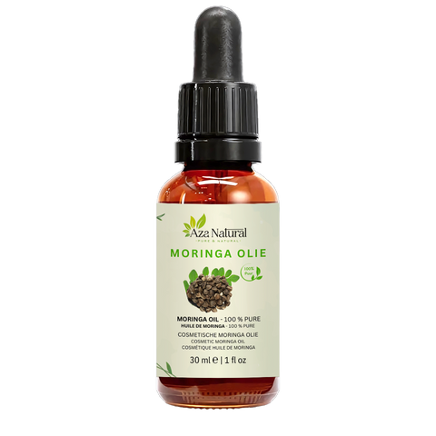 Flacon d’huile de moringa Aza Natural, 30 ml, verre foncé avec pipette, étiquette avec graines de moringa brunes et feuilles
