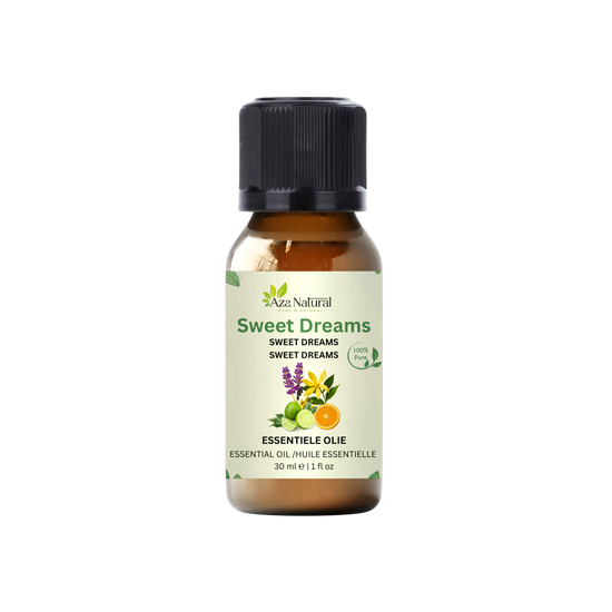 Foto bij tea tree olie van Aza Natural die een fles van 30 ml met het etiket Sweet Dreams toont, bruin glas met zwarte dop