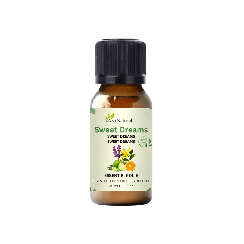 Foto beim Teebaumöl von Aza Natural: eine Flasche von 30 ml mit dem Etikett Sweet Dreams, Braunglas, Deckel in Schwarz