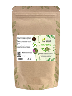 Beutel dunkelbraunes Henna-Pulver von Aza Natural, 100 g, Kraftbeutel mit Zip und ein Etikett mit einem Hennablatt