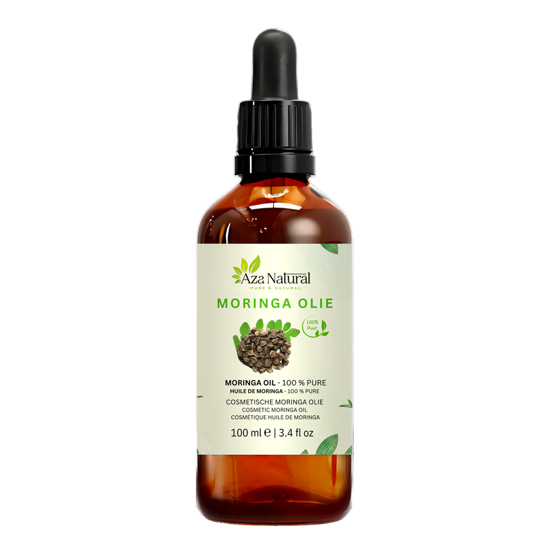 Huile de moringa 100 ml Aza Natural, flacon en verre foncé avec pipette, étiquette avec graines de moringa brunes et feuilles