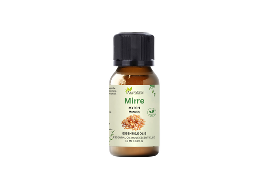 Flesje mirre olie van Aza Natural, 10 ml, bruin glas met zwarte dop en een etiket met een tekening van harsbrokjes