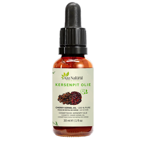 Fles kersenpitolie van Aza Natural, 30 ml, donker glas met pipet en een etiket met gedroogde kersen en kersenpitten