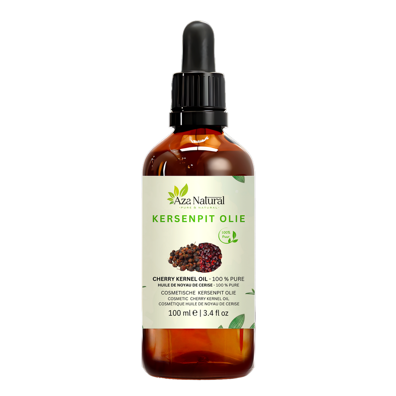 Kirschkernöl 100 ml von Aza Natural, dunkle Glasflasche mit Pipette, Etikett mit getrockneten Kirschen und Kirschkernen