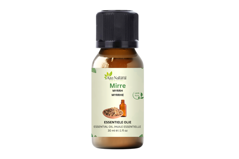 Myrrhenöl 30 ml von Aza Natural, Fläschchen aus braunem Glas mit schwarzem Verschluss, Etikett mit gezeichneten Harzstückchen