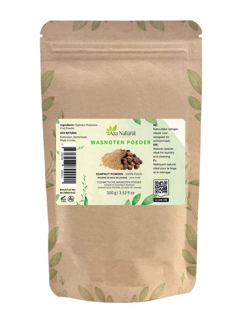 Beutel Waschnusspulver von Aza Natural, 100 Gramm, Kraftpapier mit Zip, Etikett mit Waschnüssen und hellbraunem Pulver