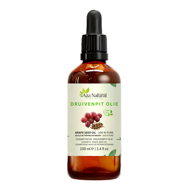 Traubenkernöl 100 ml von Aza Natural, Flasche aus dunklem Glas mit Pipette, Etikett mit roten Trauben und Traubenkernen