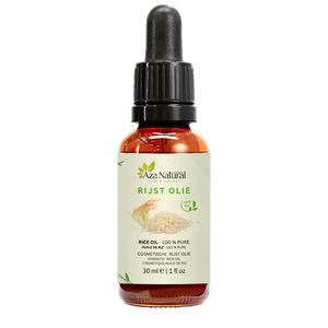 Fles rijstolie van Aza Natural, 30 ml, donker glas met pipet en een etiket met rijstkorrels en een rijstaar