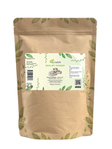 Zéolite en poudre 500 grammes Aza Natural, grand sachet kraft avec étiquette et dessin de poudre et de pierres