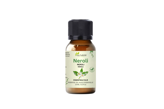 Flesje neroli olie van Aza Natural, 10 ml, bruin glas met zwarte dop en een lichtgroen etiket met witte oranjebloesem