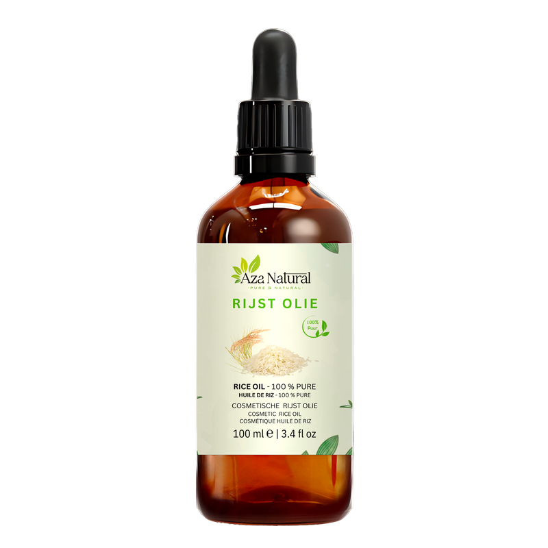 Reisöl 100 ml von Aza Natural, Flasche aus dunklem Glas mit Pipette und ein Etikett mit Reiskörnern und einer Reisähre