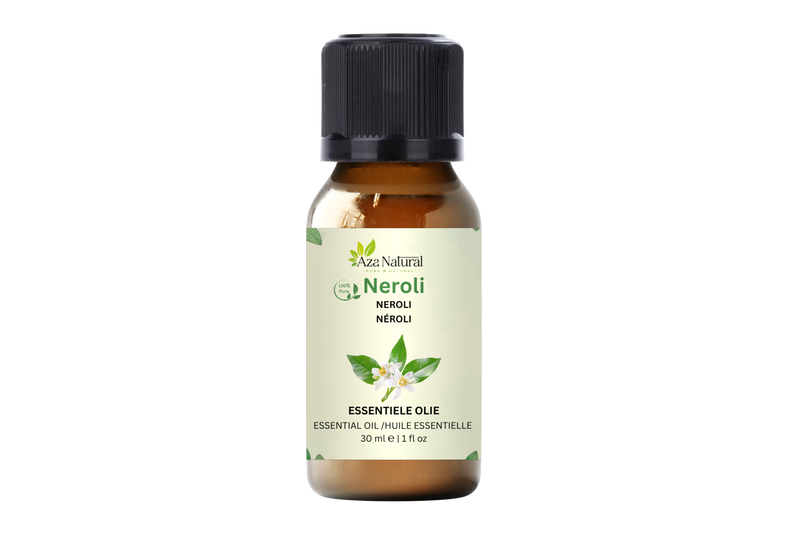 Neroliöl 30 ml von Aza Natural, Fläschchen aus braunem Glas mit schwarzem Deckel, hellgrünes Etikett mit weißer Orangenblüte