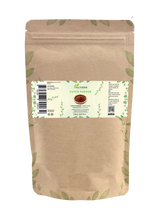 Zak cutch poeder van Aza Natural, 250 gram, kraftpapier met rits en een etiket met een schaaltje roodbruin poeder