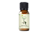 Niaouli olie 30 ml van Aza Natural, flesje van bruin glas met zwarte dop en een etiket met witte niaoulibloemen