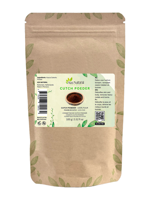 Zak cutch poeder van Aza Natural, 100 gram, kraftpapier met rits en een etiket met een schaaltje roodbruin poeder