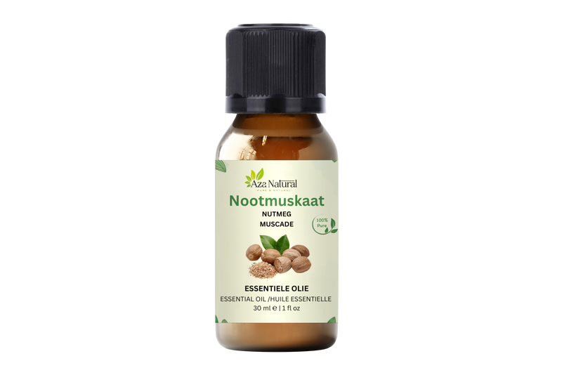 Muskatnussöl 30 ml von Aza Natural, Fläschchen aus Braunglas mit schwarzem Deckel und ein Etikett mit Muskatnüssen