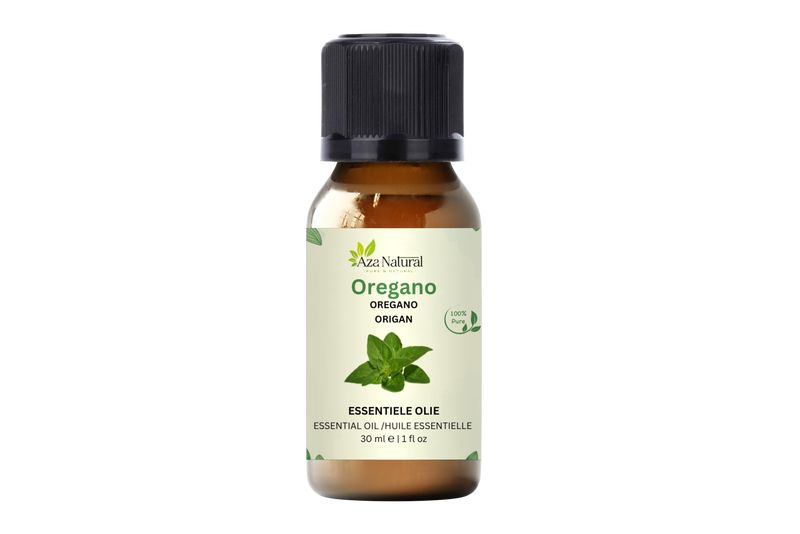 Oreganoöl 30 ml von Aza Natural, Fläschchen aus braunem Glas mit schwarzem Verschluss, grünes Etikett mit einem Oreganozweig