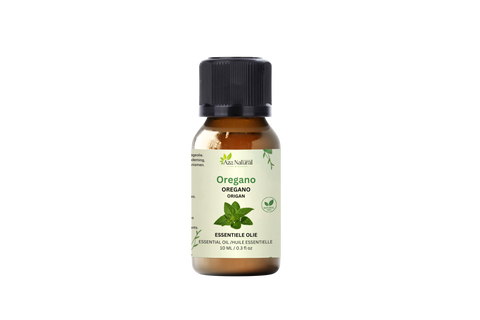 Flesje oregano olie van Aza Natural, 10 ml, bruin glas met zwarte dop en een groen etiket met een oreganotakje