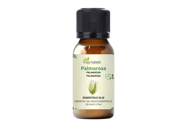 Palmarosa olie 30 ml van Aza Natural, flesje van bruin glas met zwarte dop en een etiket met getekende grashalmen