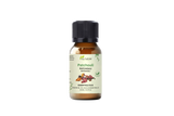 Flacon d’huile de patchouli Aza Natural, 10 ml, verre brun à bouchon noir, étiquette verte avec feuille de patchouli séchée