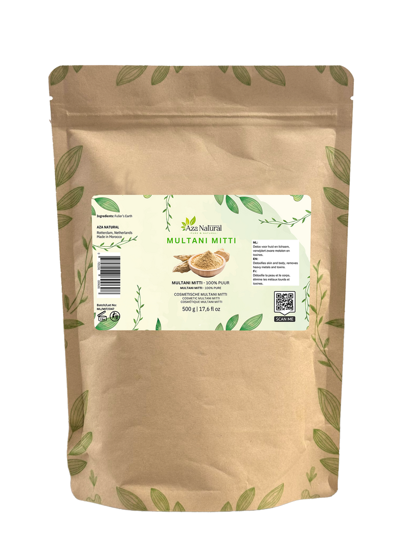 Multani Mitti Pulver 500 Gramm von Aza Natural, großer Kraftbeutel mit Etikett und Zeichnung einer Schale Erde