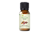 Huile de patchouli 30 ml Aza Natural, flacon en verre brun à bouchon noir, étiquette verte avec feuille de patchouli séchée