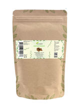 Zak reetha poeder van Aza Natural, 250 gram, kraftpapier met ritssluiting en een etiket met wasnoten en bruin poeder
