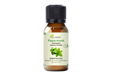 Pepermunt olie 30 ml van Aza Natural, flesje van bruin glas met zwarte dop en een lichtgroen etiket met muntblaadjes