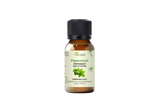 Flesje pepermunt olie van Aza Natural, 10 ml, bruin glas met zwarte dop en een lichtgroen etiket met muntblaadjes