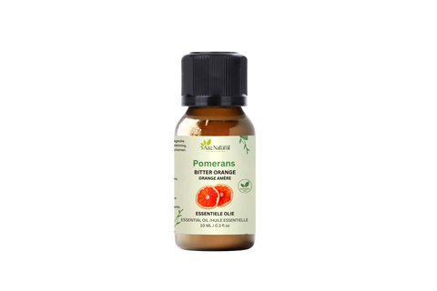 Flesje pomerans olie van Aza Natural, 10 ml, bruin glas met zwarte dop en een etiket met schijfjes bittere sinaasappel