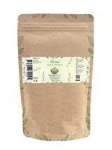 Zak babul poeder van Aza Natural, 250 gram, kraftpapier met rits en een etiket met een schaaltje lichtbeige poeder