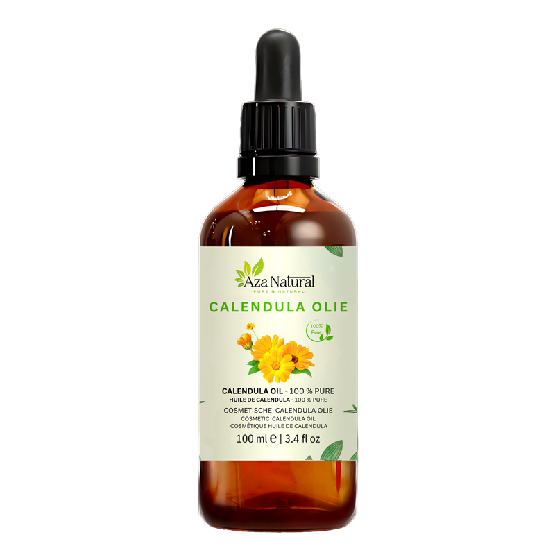 Huile de calendula 100 ml Aza Natural, flacon en verre foncé avec pipette et une étiquette avec des soucis orange