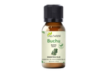 Flesje buchu olie van Aza Natural, 30 ml, bruin glas met zwarte dop en een etiket met een tekening van buchublad