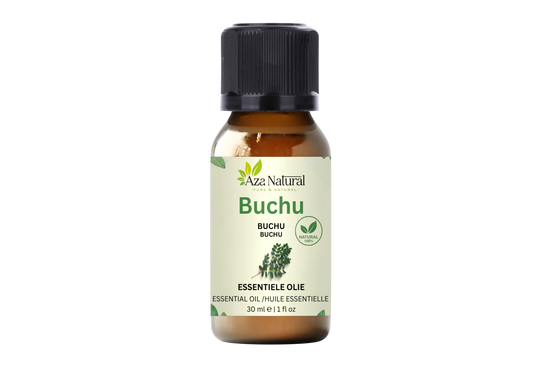 Flesje buchu olie van Aza Natural, 30 ml, bruin glas met zwarte dop en een etiket met een tekening van buchublad