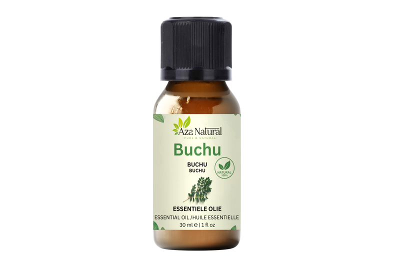 Fläschchen Buchuöl von Aza Natural, 30 ml, braunes Glas mit schwarzem Deckel und ein Etikett mit gezeichnetem Buchublatt