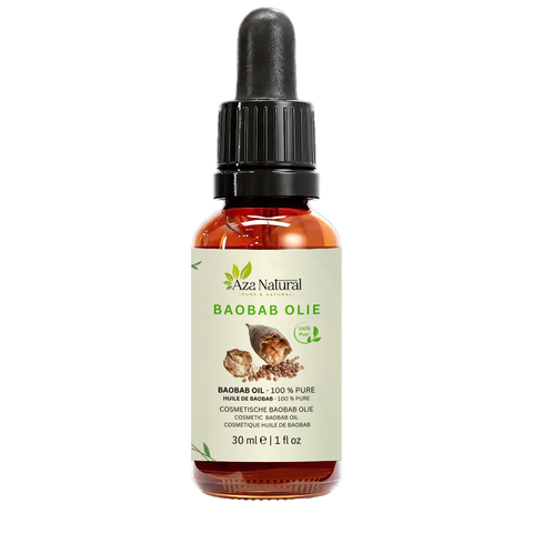 Flasche Baobaböl von Aza Natural, 30 ml, dunkles Glas mit Pipette und ein Etikett mit Baobabfrüchten und losen Samen