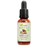 Fles baobab olie van Aza Natural, 30 ml, donker glas met pipet en een etiket met baobabvruchten en losse zaden