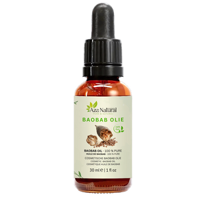Fles baobab olie van Aza Natural, 30 ml, donker glas met pipet en een etiket met baobabvruchten en losse zaden