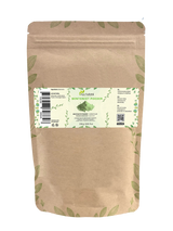 Sachet de poudre de bentonite Aza Natural, 250 g, papier kraft avec zip et une étiquette avec un petit tas de poudre verte