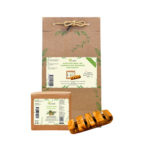 Aleppo Zeep 200gr - 20% Laurierolie voor Huid en Haar met Zeephouder van Olijfhout Rooster