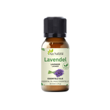 Flacon d’huile essentielle de lavande Aza Natural, 30 ml, verre brun à bouchon noir, étiquette avec un bouquet de lavande