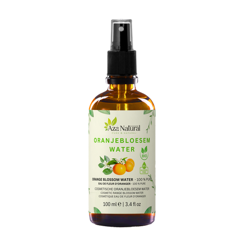 Flacon d’eau de fleur d’oranger Aza Natural, 100 ml, verre brun avec spray et une étiquette avec des oranges et des fleurs