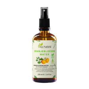 Fläschchen Orangenblütenwasser von Aza Natural, 100 ml, braunes Glas mit Sprühkopf und ein Etikett mit Orangen und Blüten