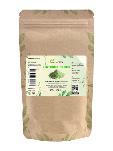 Beutel Bentonit-Pulver von Aza Natural, 100 g, Kraftpapier mit Reißverschluss, Etikett mit einem Häufchen grünem Pulver