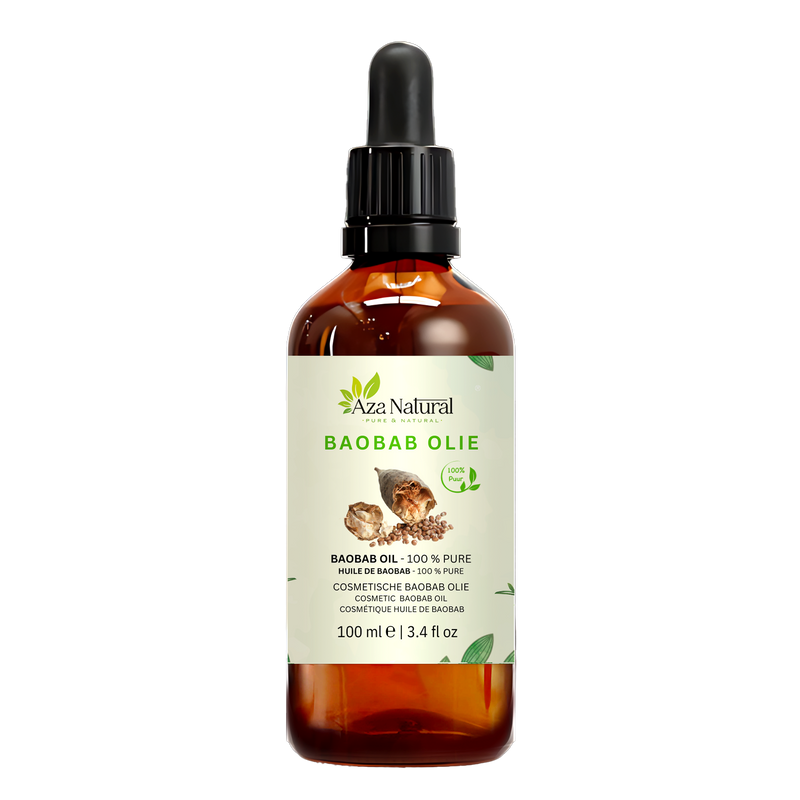 Baobaböl 100 ml von Aza Natural, Flasche aus dunklem Glas mit Pipette und ein Etikett mit Baobabfrüchten und losen Samen
