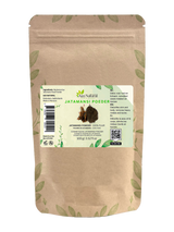 Sachet de poudre de jatamansi Aza Natural, 100 g, kraft avec zip, étiquette avec racine séchée et poudre gris-brun
