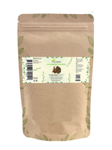 Sachet de poudre de jatamansi Aza Natural, 250 g, kraft avec zip, étiquette avec racine séchée et poudre gris-brun