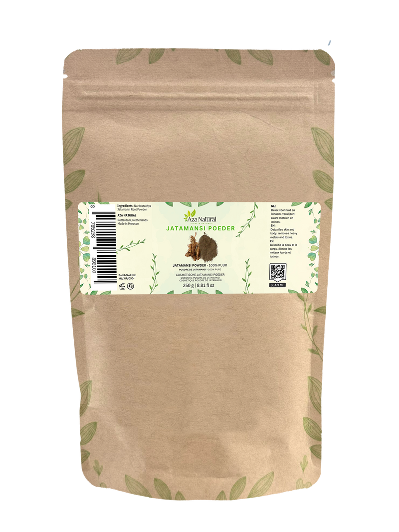 Jatamansi-Pulver von Aza Natural, 250 g, Kraftpapier mit Zip, Etikett mit getrockneter Wurzel und graubraunem Pulver